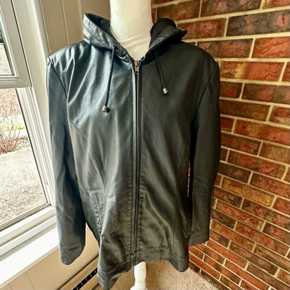Jacqueline Ferrar Black Leather Hooded Zip Up 3/4 Length Jacket Vintage 90s Sk8r